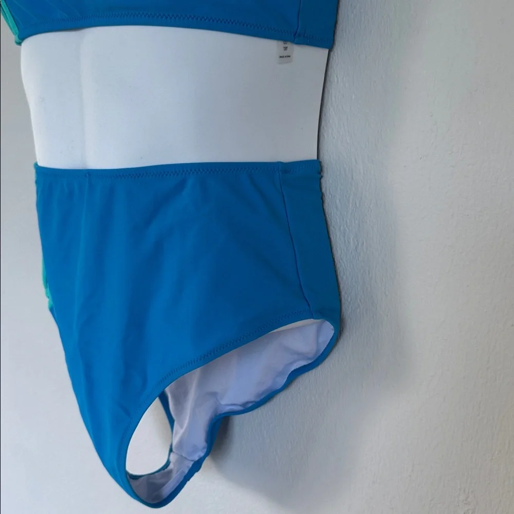Blue asymmetrical strappy stripe print high waist two piece swimsuit size XL